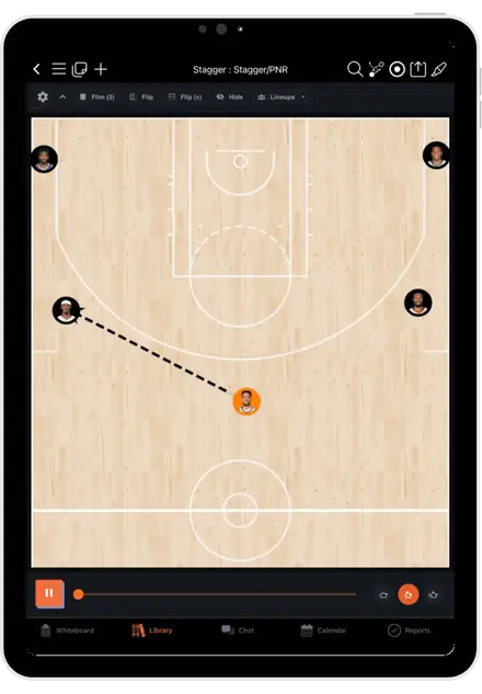 Luceo play animation on iPad, replaying a stagger pick-and-roll action in the play library